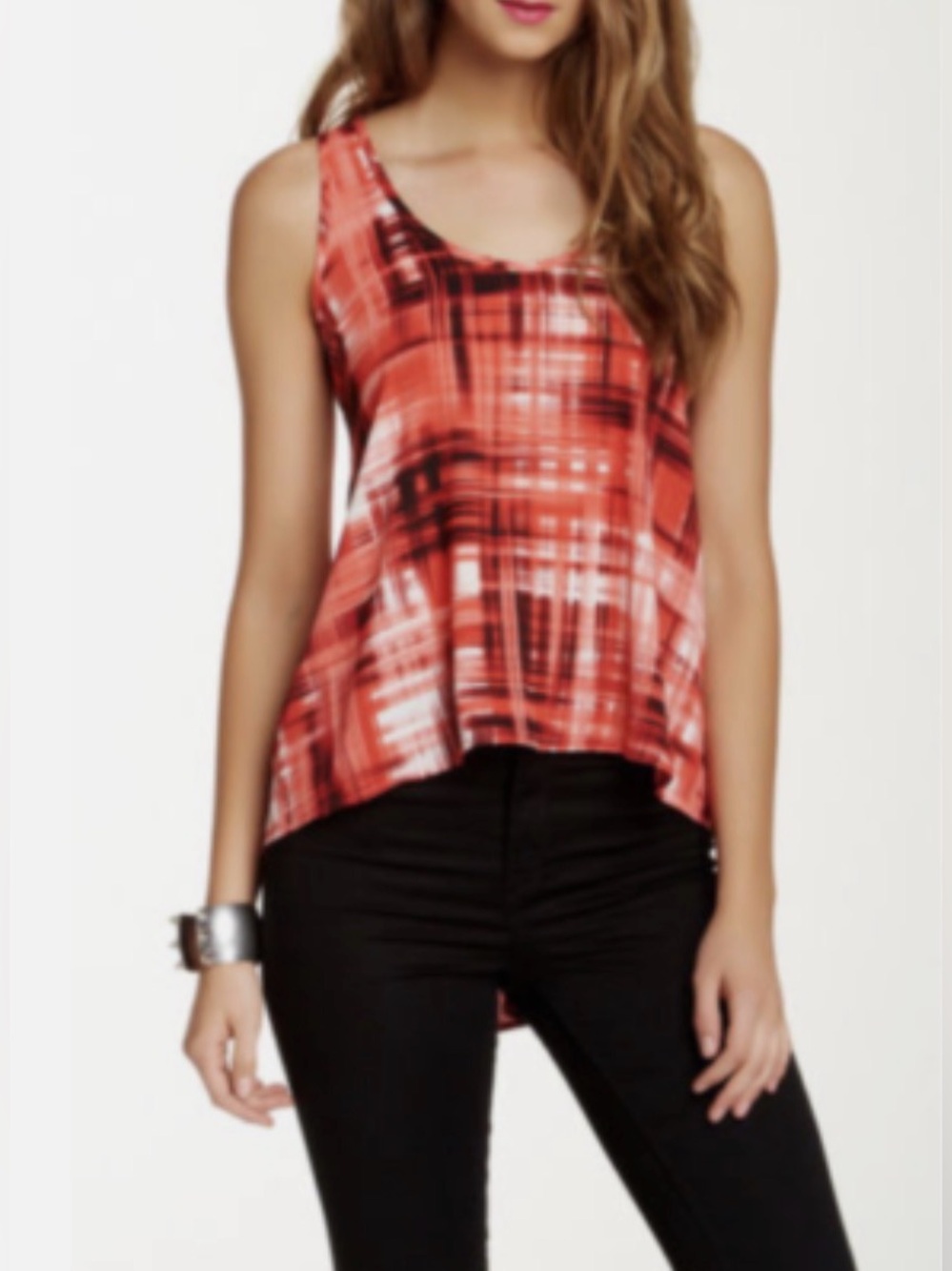 Soprano Red Sleeveless Scoop Neck Hi-Lo Abstract Windowpane Print Blouse - S